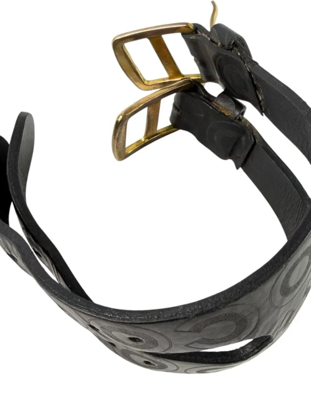 CHANEL Vintage 2001 Black Leather Cuff Bracelet COCO Print Double Buckles
